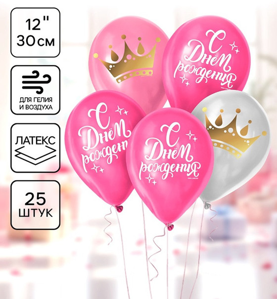 Набор шаров воздушных «С Днём Рождения. Корона» | Страна Карнавалия