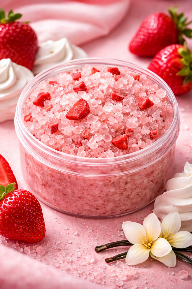 Скраб для тела на миндальном масле с ароматом клубники со сливками