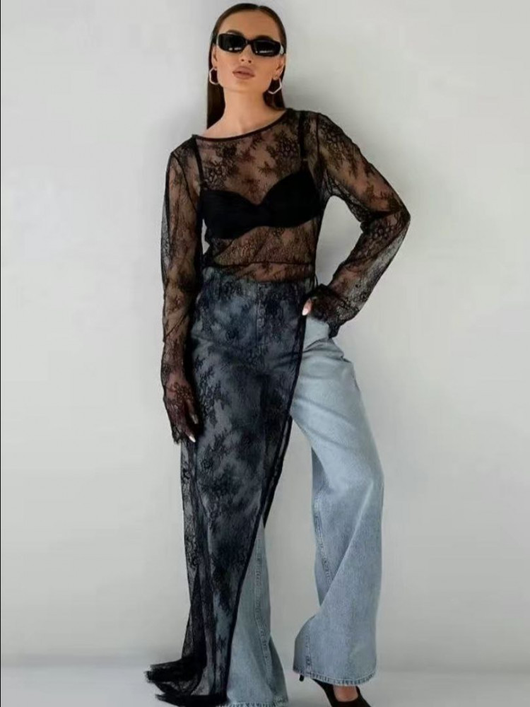 Накидка-туника из черного кружева с разрезом