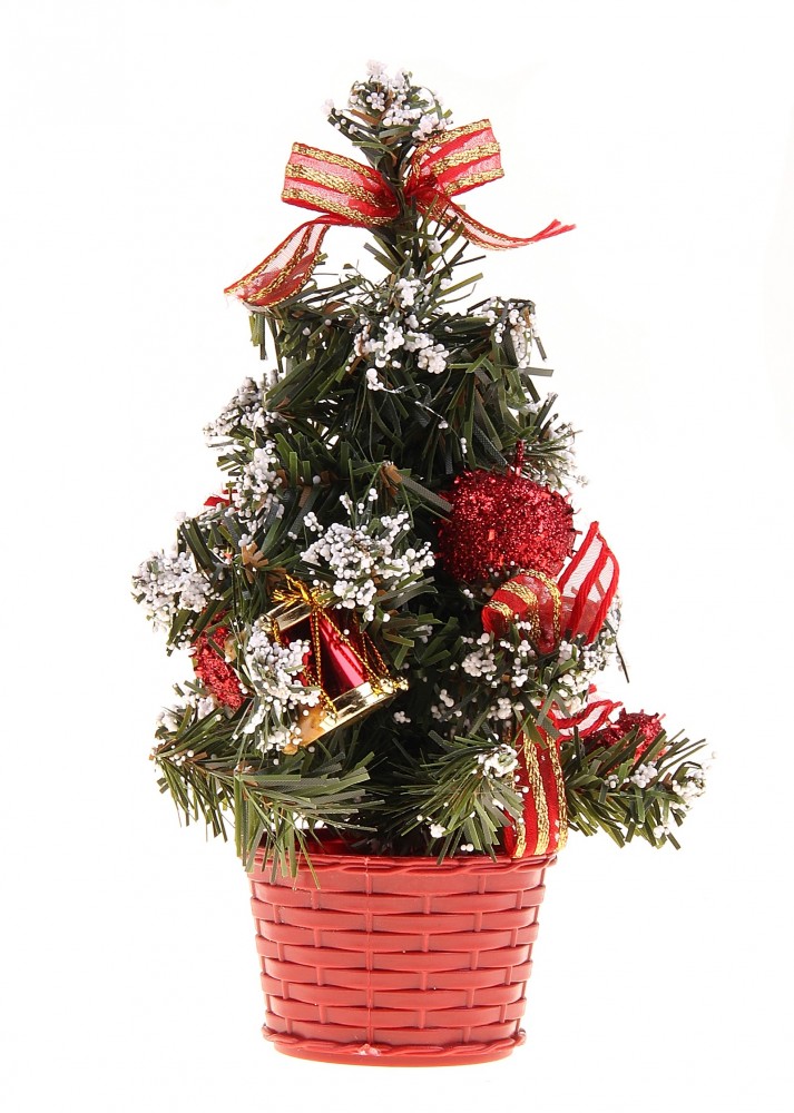 Ёлка настольная в горшочке с красным декором, со снегом