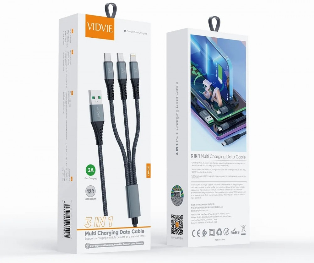 Кабель USB Type-C (M), micro-USB 3.0 (M), Lightning CB4022 | Vidvie