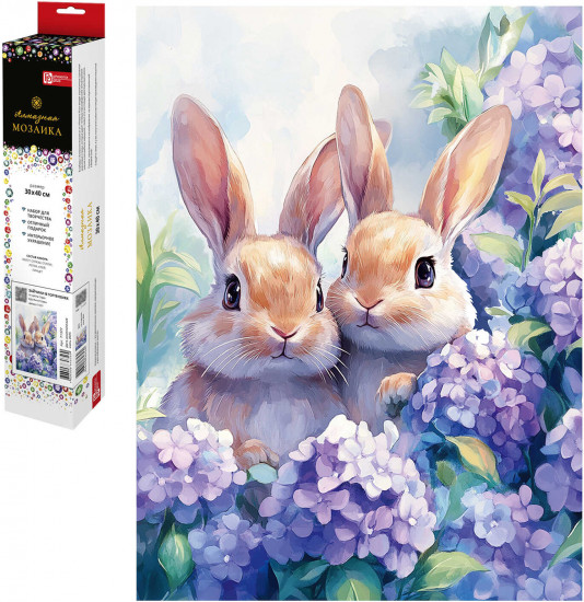 Алмазная мозаика «Зайчики в гортензиях»