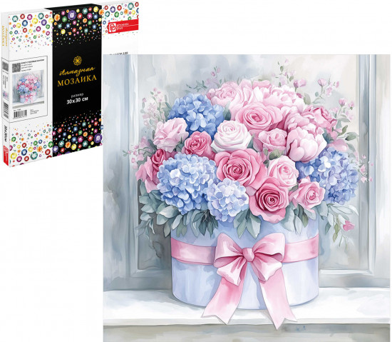 Алмазная мозаика «Букет с розовым бантом»
