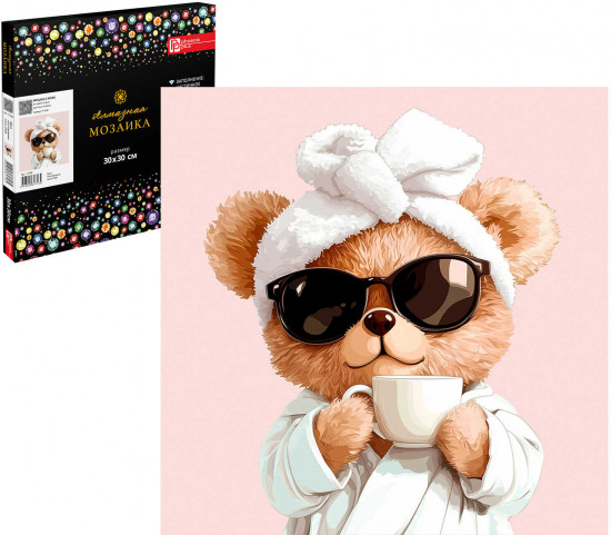 Алмазная мозаика с частичной выкладкой «Мишка с кофе»