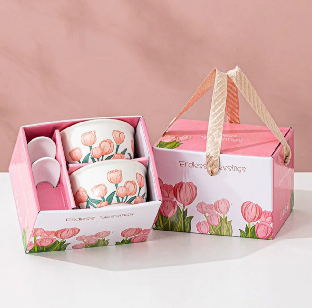 Подарочный набор пиал с ложками «Тюльпаны»