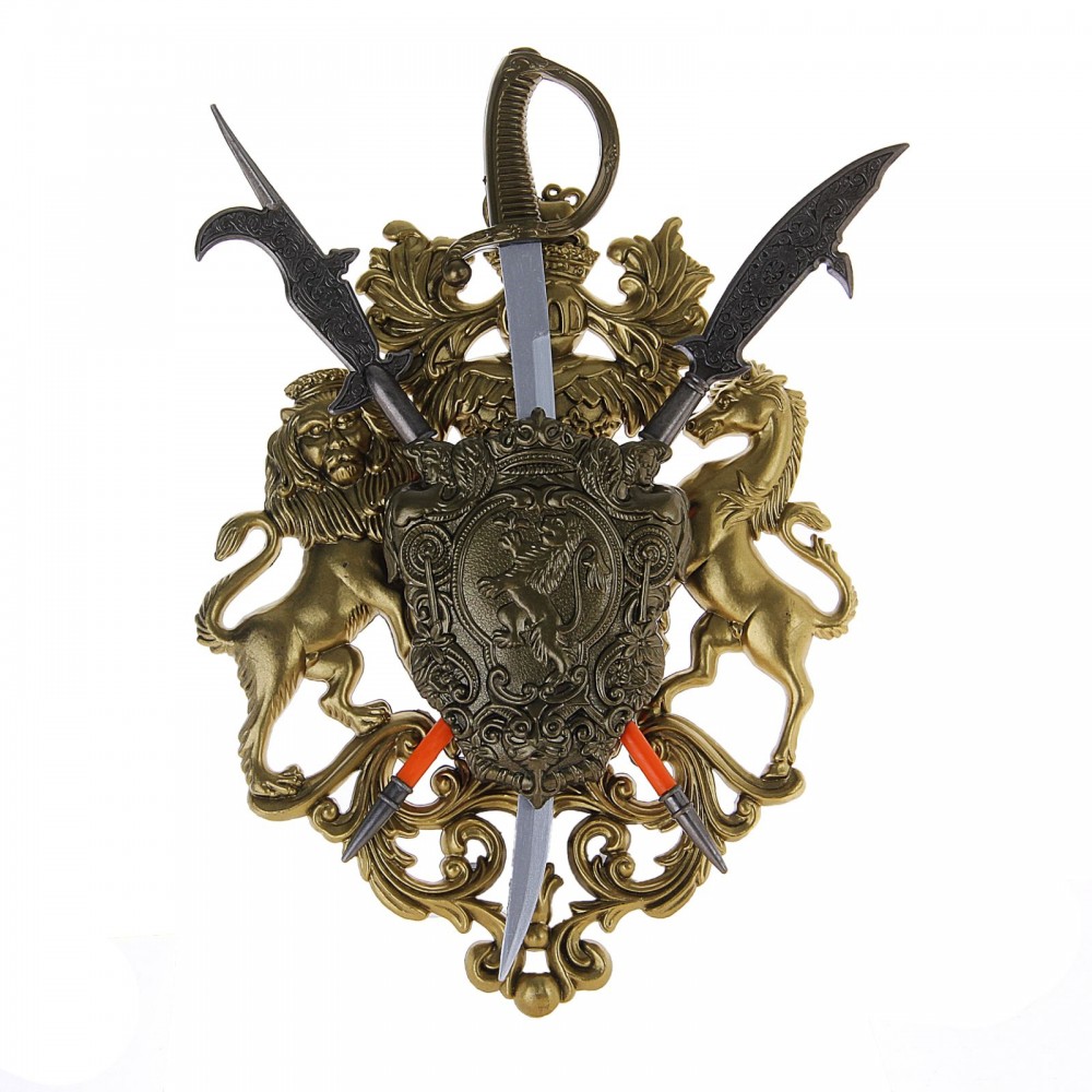 Геральдика, щит со львом, сабля и две алебарды