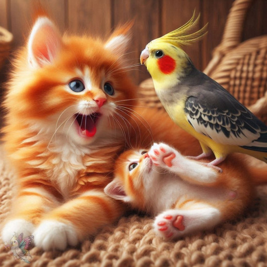 Алмазная мозаика «Котята и попугай»