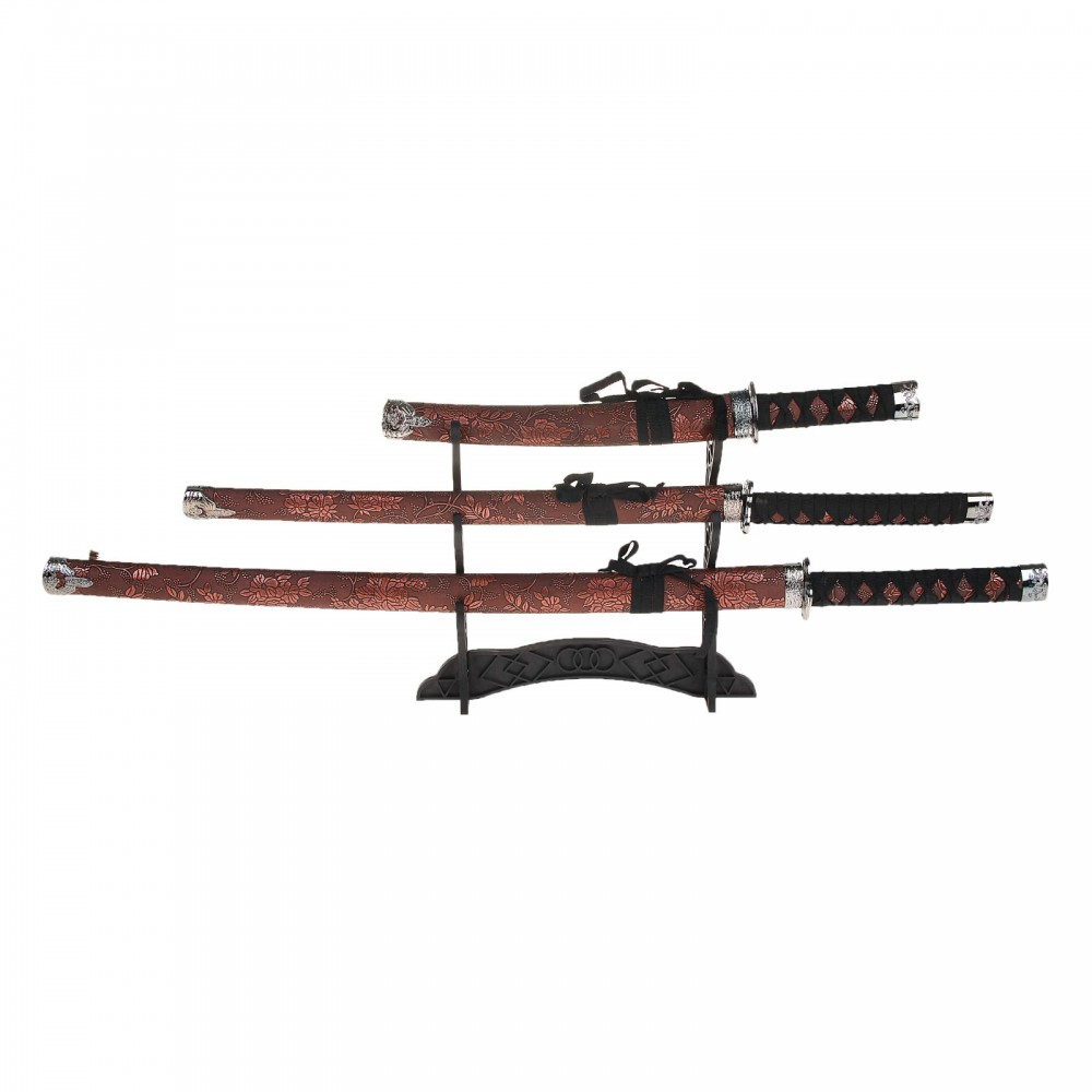 Катаны сувенирные 3 в 1 на подставке, коричневые ножны, узор тигр