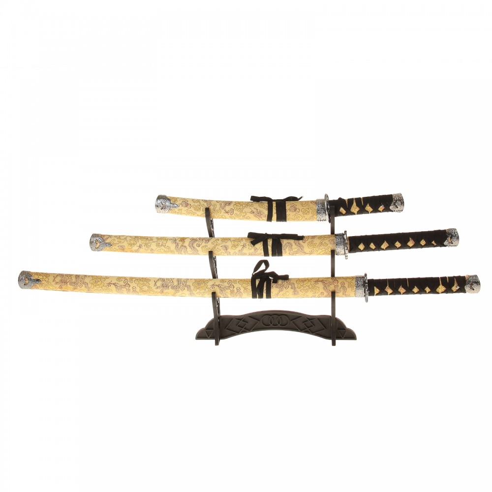 Катаны сувенирные 3 в 1 на подставке, бежевые ножны, узоры с драконом