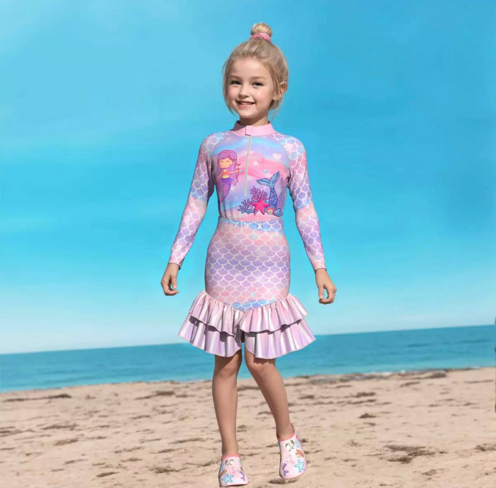 Детский цельный солнцезащитный купальник для девочек с длинными рукавами и с разрезным хвостом русалки