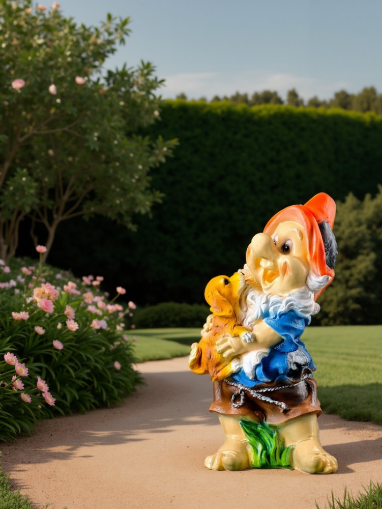 Садовая фигура из полистоуна «Гном с собачкой» | Хорошие сувениры