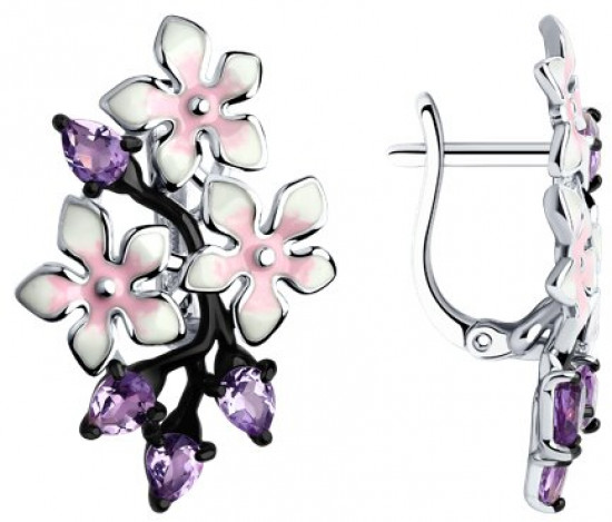 Серьги из серебра с эмалью с аметистами