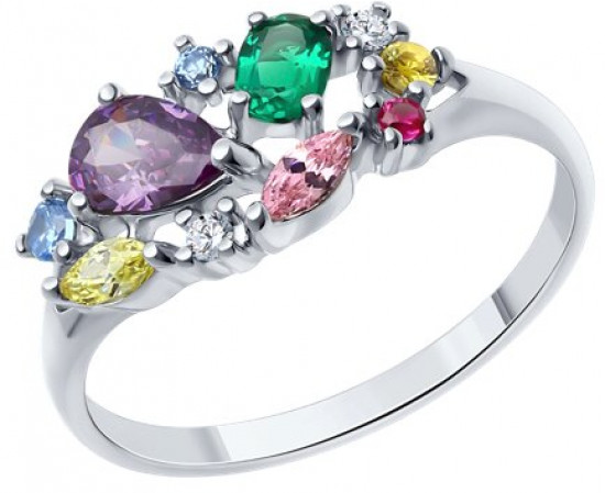 Кольцо из серебра с гидротермальным изумрудом, корундом и фианитами | SOKOLOV