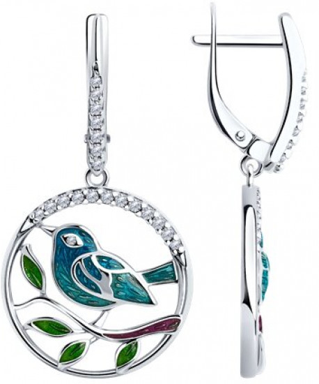 Серьги из серебра с фианитами и эмалью