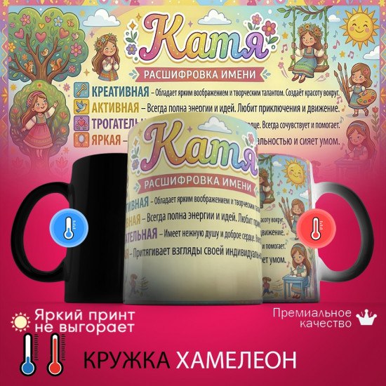 Кружка хамелеон с принтом «Катя, расшифровка имени»