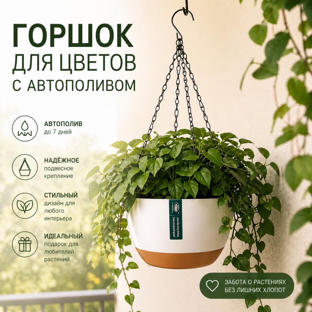 Горшок для цветов с автополивом подвесной, белый