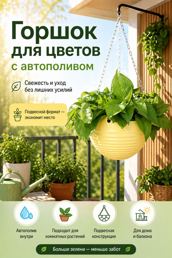 Горшок для цветов подвесной с автополивом, желтый, S