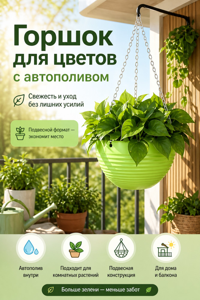 Горшок для цветов подвесной с автополивом, зеленый, S