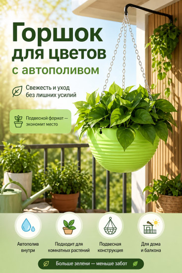 Горшок для цветов подвесной с автополивом, зеленый, S