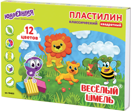 Пластилин классический Юнландия «Весёлый шмель», 12 цветов, 204 г, Со стеком, Квадратный, 104823