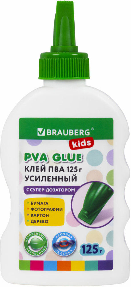 Клей ПВА, усиленный, KIDS с дозатором (для школы, хобби и творчества), 125 г, 271937 | Brauberg