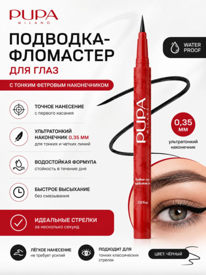 Подводка-фломастер для глаз водостойкая с ультратонким наконечником 0,35 мм
