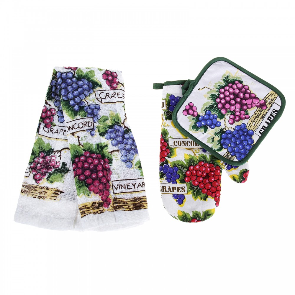 Кухонный комплект «Виноград» (прихватка 17х17, варежка 17х24, полотенце 36х58) | Collorista