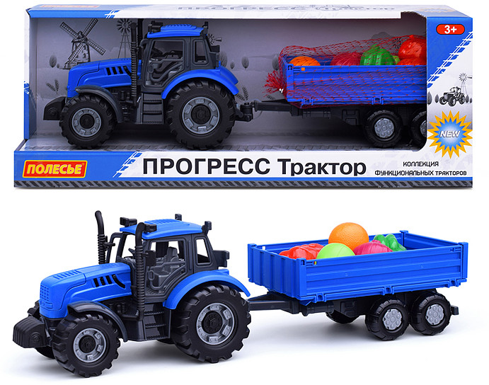 Игрушечный трактор «Прогресс» с бортовым прицепом + набор продуктов | Полесье