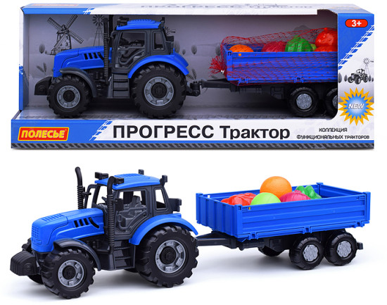 Игрушечный трактор «Прогресс» с бортовым прицепом + набор продуктов