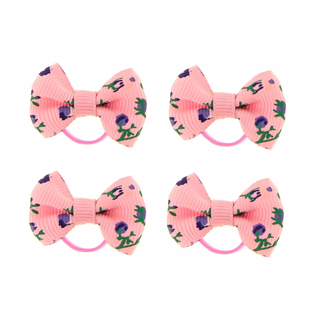 Бантик розовый с цветами на латексной резинке, 3,5 х 2,5 см, набор 4 шт