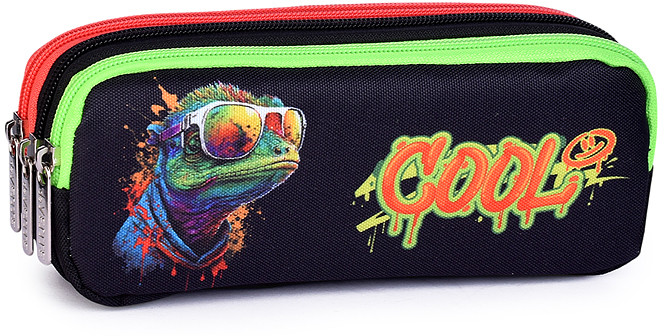 Пенал "Cool Lizard" прямоугольный для 60 предметов плотный износостойкий полиэстер с водоотталкивающей пропиткой 3 отделения на молнии с молниями 3-х цветов | deVENTE