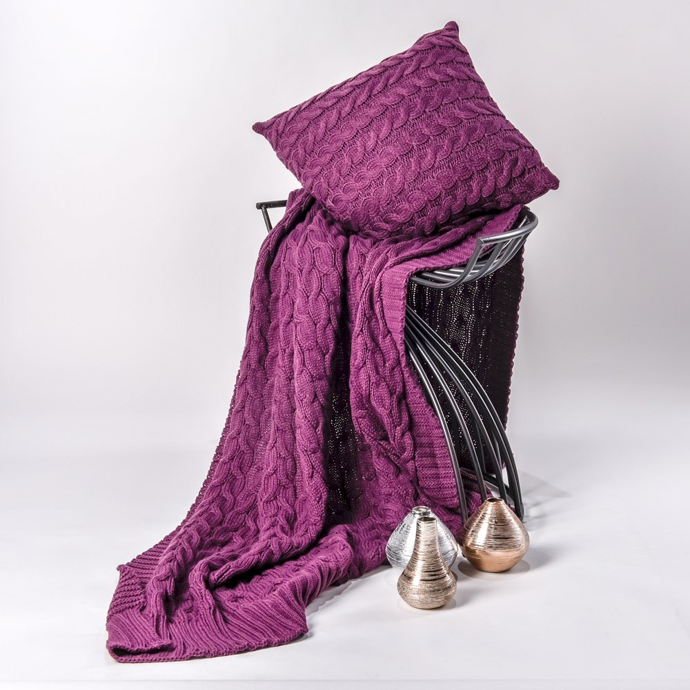 Плед вязанный люкс «Косички» (пурпурный, 1,5-спальный, 100% акрил, размер 152х127+20 см) | Косички | ТЭТАhome