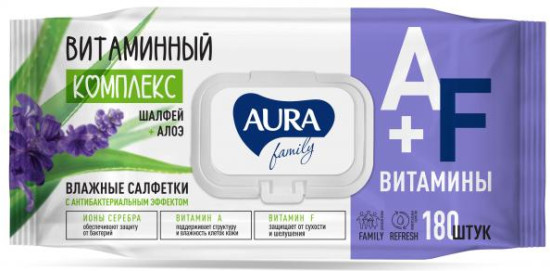Aura FAMILY Влажные салфетки с антибактериальным эффектом с крышкой 180шт