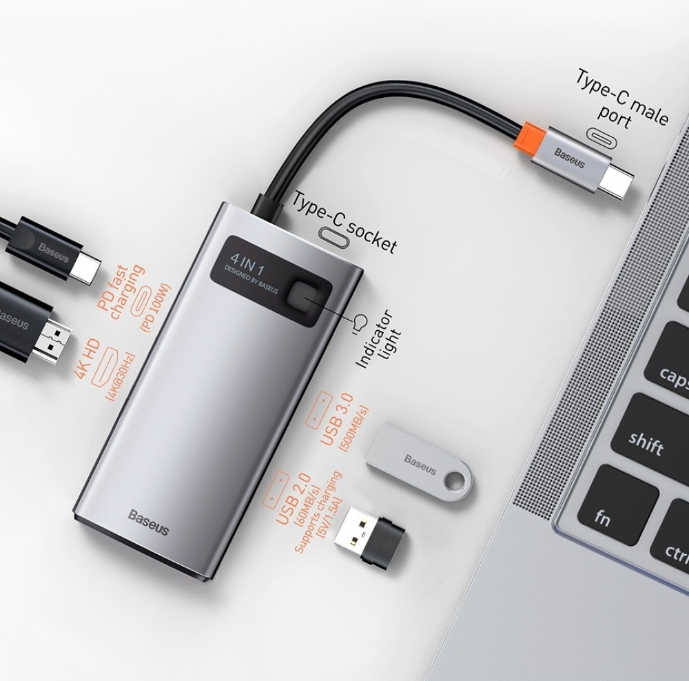 Хаб Metal Gleam CAHUB-CY0G Type-C вход, 4 порта (1xUSB 3.0+1xUSB 2.0+HDMI+Type-C PD) | Baseus