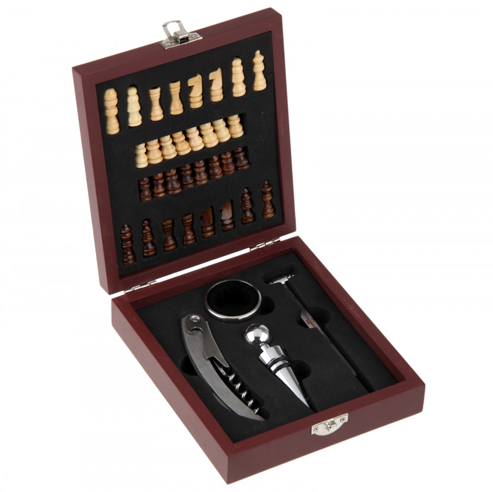 Набор для вина, 4 предмета (шахматы + термометр + кольцо + открывалка + пробка)
