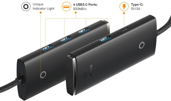 Хаб USB 3.0 Baseus Lite Series WKQX030401 Type-C вход, 4xUSB 3.0 порта Длина кабеля: 1м, Черный