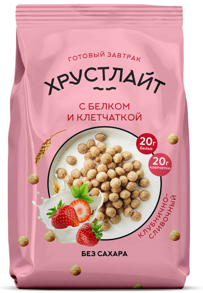 Готовый завтрак с белком и клетчаткой «Клубнично-сливочный» | Хрустлайт | Сибирская клетчатка