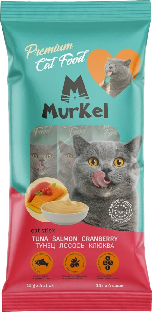 Лакомство-пюре для кошек «Тунец, лосось, клюква» | Premium | Murkel
