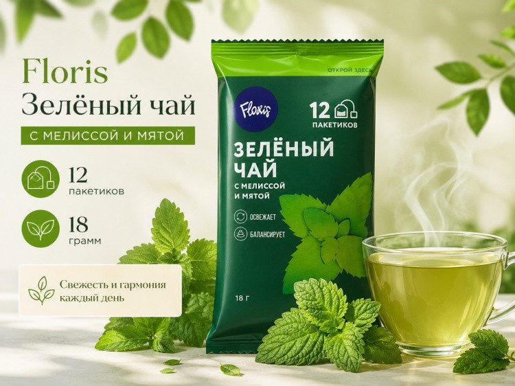 Чай «Зеленый чай с мелиссой и мятой», флоу-пак, , 18гр | Floris