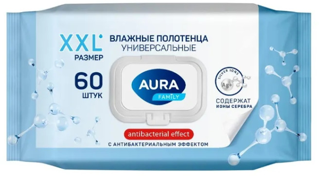 FAMILY Влажные полотенца с антибактериальным эффектом с крышкой, 60шт | Aura