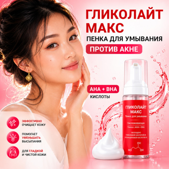 Пенка для умывания от прыщей и черных точек Гликолайт Макс с гликолевой кислотой 6% и салициловой кислотой 2%
