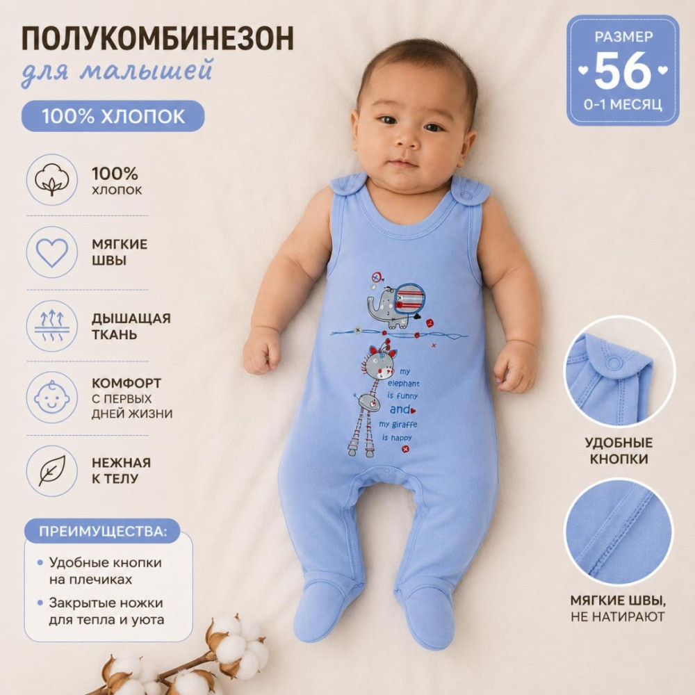 Ползунки-полукомбинезон для новорождённых с принтом «Слон и жираф» | UzCotton