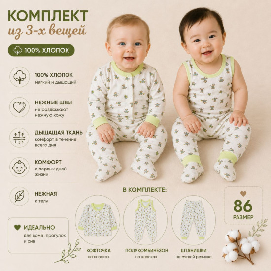 Комплект для новорождённых из 3 предметов: ползунки, штанишки и кофточка