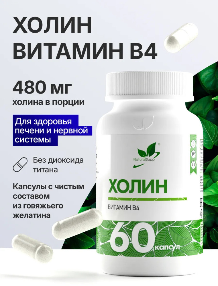 Холин битартрат (Витамин В4), 60 капсул, для печени | Naturalsupp