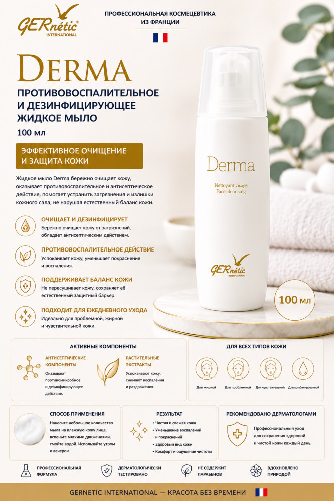 Derma — противовоспалительное и дезинфицирующее жидкое мыло, 100 мл | GERnetic International