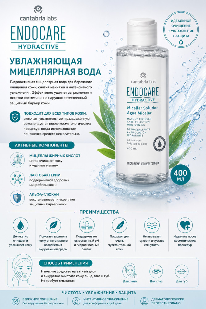 Увлажняющая мицеллярная вода для лица 400 мл | Cantabria Labs