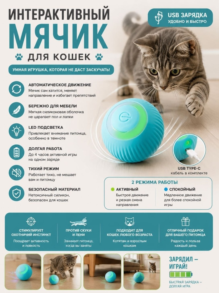Интерактивный мячик для кошек