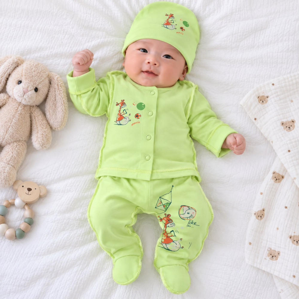 Комплект для новорождённых из 3 вещей: кофточка, ползунки и шапочка | UzCotton