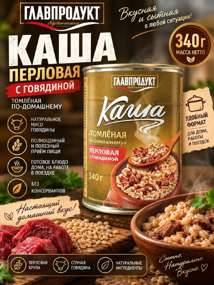 Каша перловая с говядиной «Томлёная по-домашнему» | Главпродукт