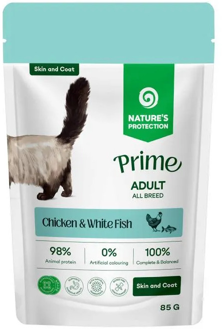 Prime Skin and Coat Cats All Breeds Chicken & White Fish пауч для кошек с курицей и белой рыбой | Nature's Protection
